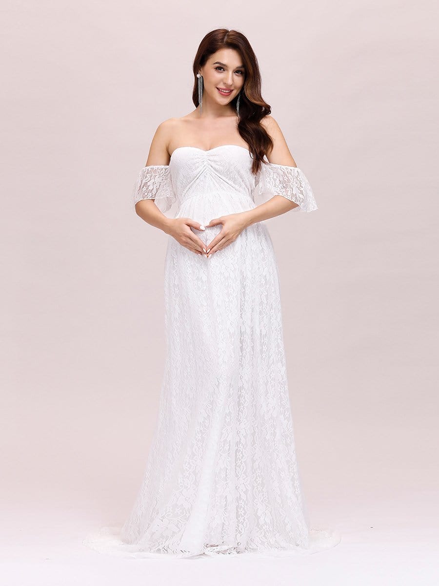 Color=White | Dainty Off Shoulder High Waist Lace Maxi Evening Maternity Dress-White 1 Color=White | Dainty Off Shoulder High Waist Lace Maxi Evening Maternity Dress-White 1