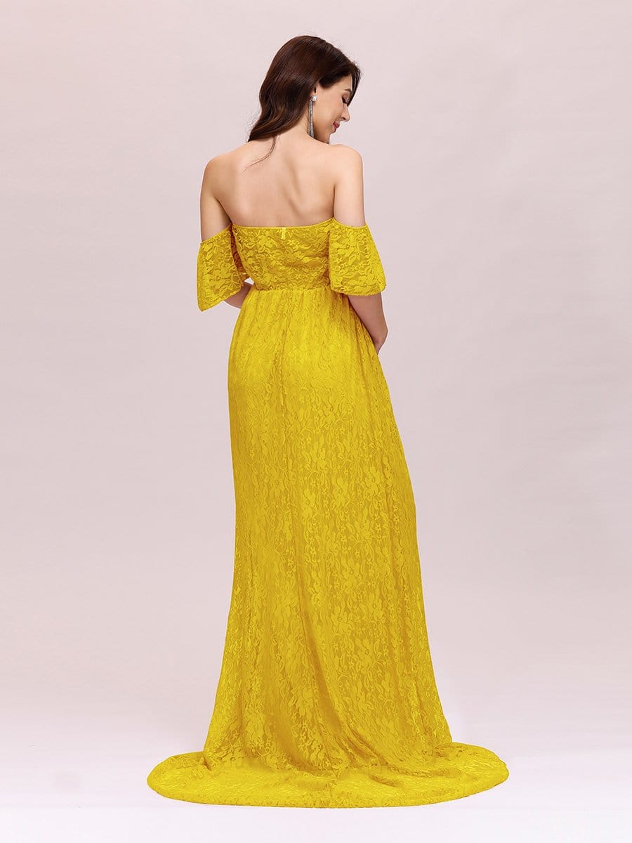 Color=Yellow | Dainty Off Shoulder High Waist Lace Maxi Evening Maternity Dress-Yellow 2 Color=Yellow | Dainty Off Shoulder High Waist Lace Maxi Evening Maternity Dress-Yellow 2