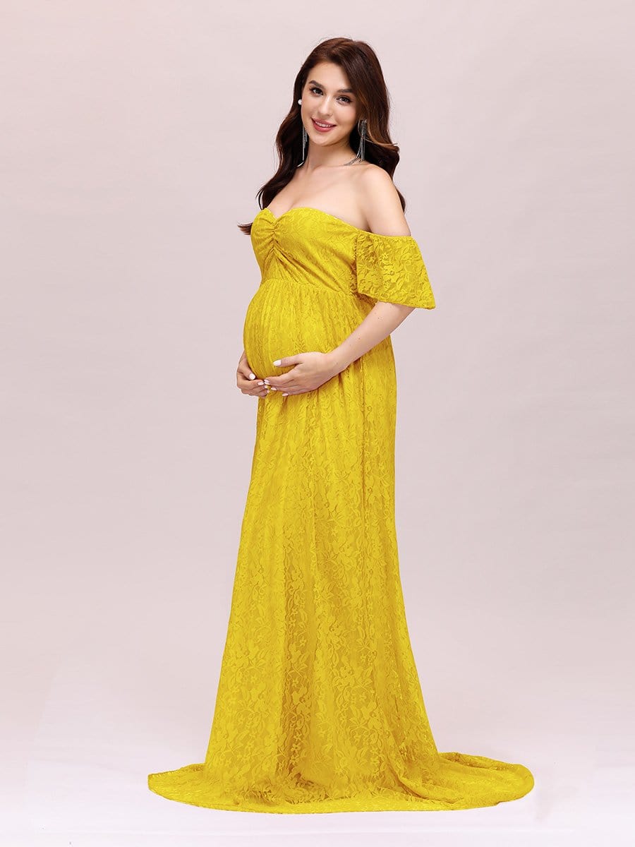 Color=Yellow | Dainty Off Shoulder High Waist Lace Maxi Evening Maternity Dress-Yellow 4 Color=Yellow | Dainty Off Shoulder High Waist Lace Maxi Evening Maternity Dress-Yellow 4