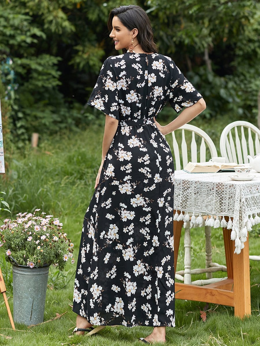 Color=Black | Deep V Adjustable Waist Band High Slit Floral Maxi Summer Dress-Black 2 Color=Black | Deep V Adjustable Waist Band High Slit Floral Maxi Summer Dress-Black 2