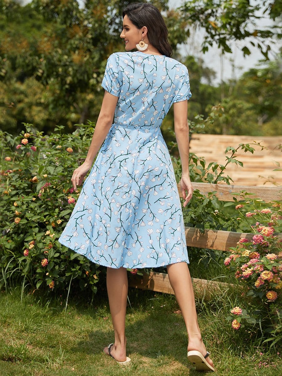 Color=Sky Blue | Elegant V Neck Shirring Sleeves Tiered Adjustable Wrap-Around Summer Dress-Sky Blue 2 Color=Sky Blue | Elegant V Neck Shirring Sleeves Tiered Adjustable Wrap-Around Summer Dress-Sky Blue 2