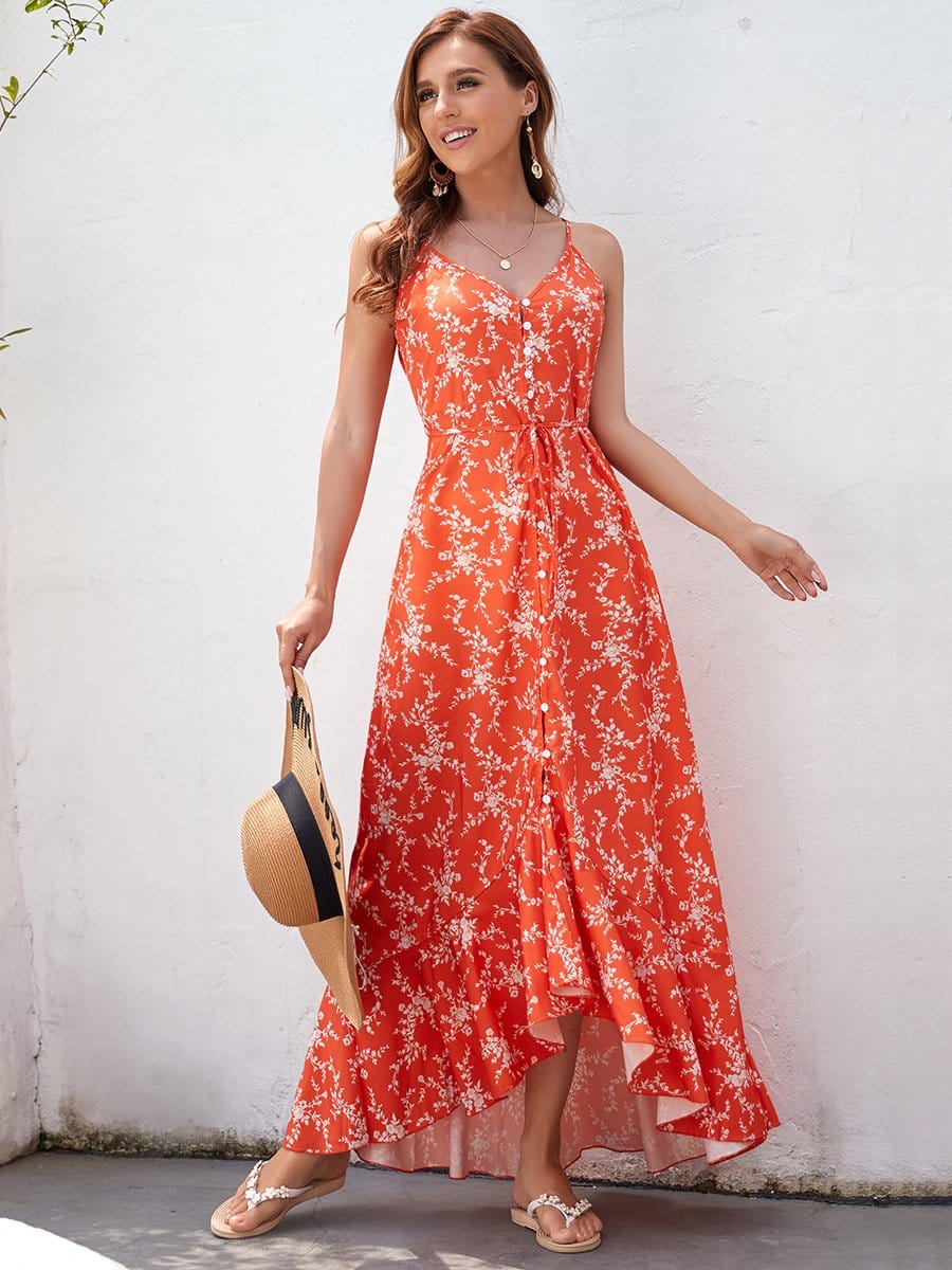 Color=Red | V Neck Spaghetti Strap Button Down Asymmetric Maxi Summer Dress-Red 1 Color=Red | V Neck Spaghetti Strap Button Down Asymmetric Maxi Summer Dress-Red 1