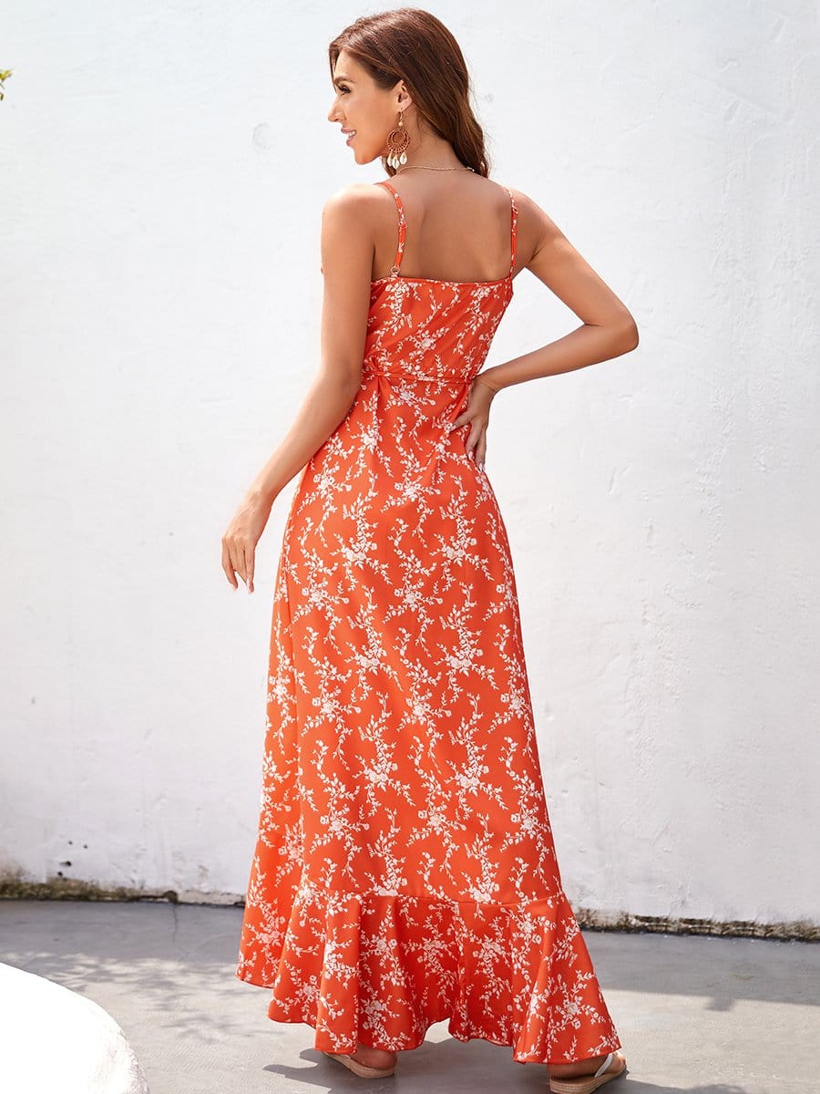 Color=Red | V Neck Spaghetti Strap Button Down Asymmetric Maxi Summer Dress-Red 2 Color=Red | V Neck Spaghetti Strap Button Down Asymmetric Maxi Summer Dress-Red 2