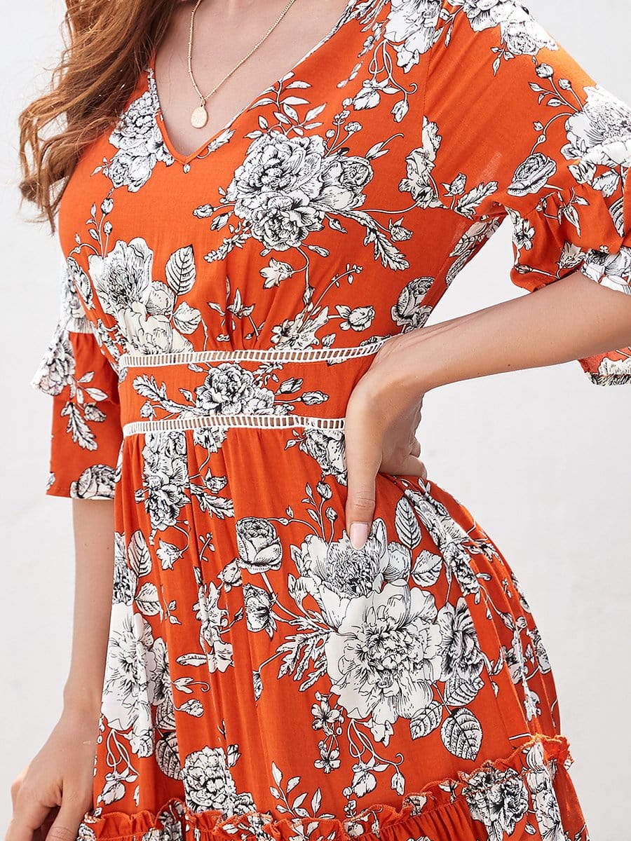 Color=Red | V Neck Cut Out Backless Ruffle Sleeves Tiered Short Summer Dress-Red 3 Color=Red | V Neck Cut Out Backless Ruffle Sleeves Tiered Short Summer Dress-Red 3