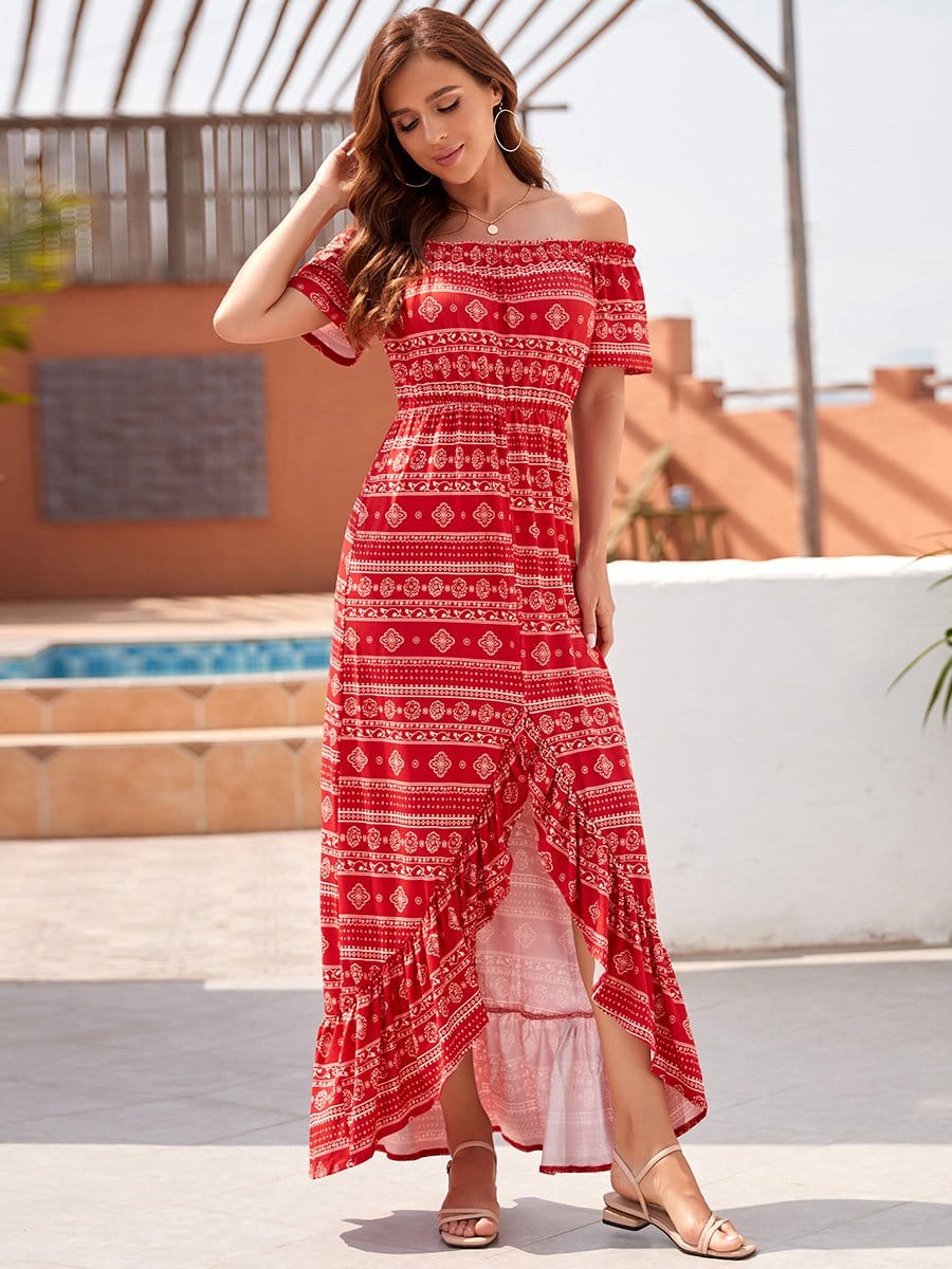 Color=Red | Classic Off Shoulder Asymmetric Ruffles Tiered Long Summer Dress-Red 1 Color=Red | Classic Off Shoulder Asymmetric Ruffles Tiered Long Summer Dress-Red 1