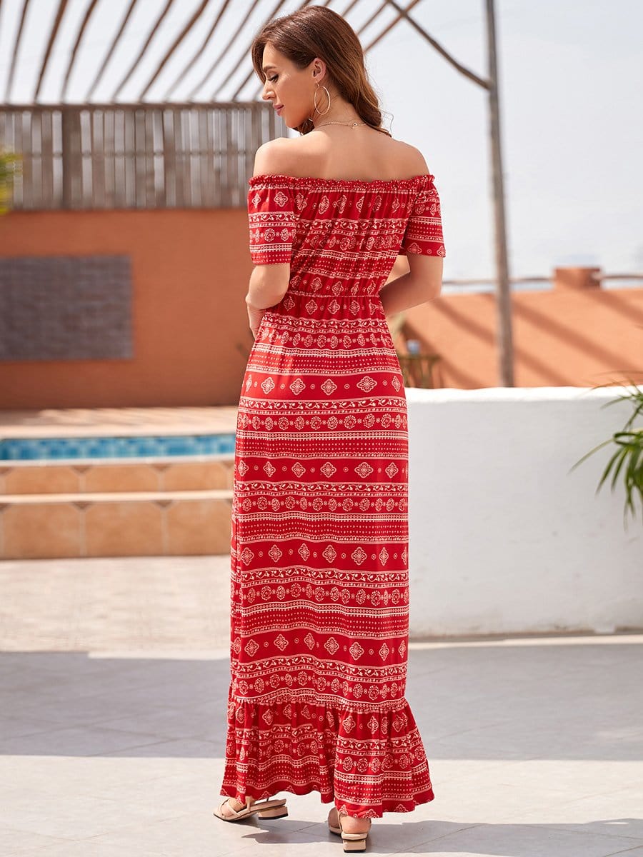 Color=Red | Classic Off Shoulder Asymmetric Ruffles Tiered Long Summer Dress-Red 2 Color=Red | Classic Off Shoulder Asymmetric Ruffles Tiered Long Summer Dress-Red 2