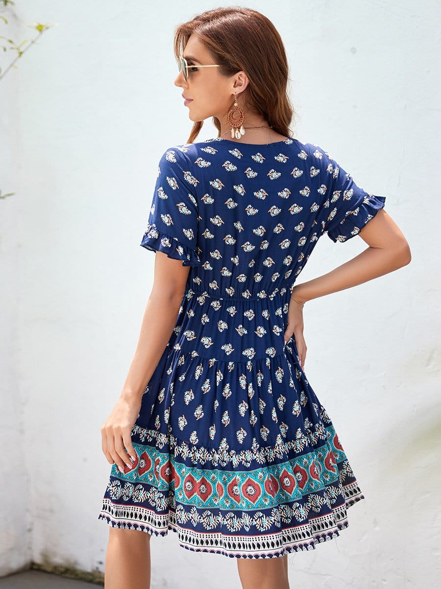 Color=Navy Blue | Short Ruffles Sleeves Deep V Gartered Tiered Short Summer Dress-Navy Blue 2 Color=Navy Blue | Short Ruffles Sleeves Deep V Gartered Tiered Short Summer Dress-Navy Blue 2