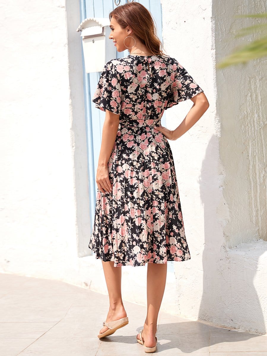 Color=Black and Printed | Floral Pleated Round Neck Short Butterfly Sleeves Summer Midi Dress-Black And Printed 2 Color=Black and Printed | Floral Pleated Round Neck Short Butterfly Sleeves Summer Midi Dress-Black And Printed 2