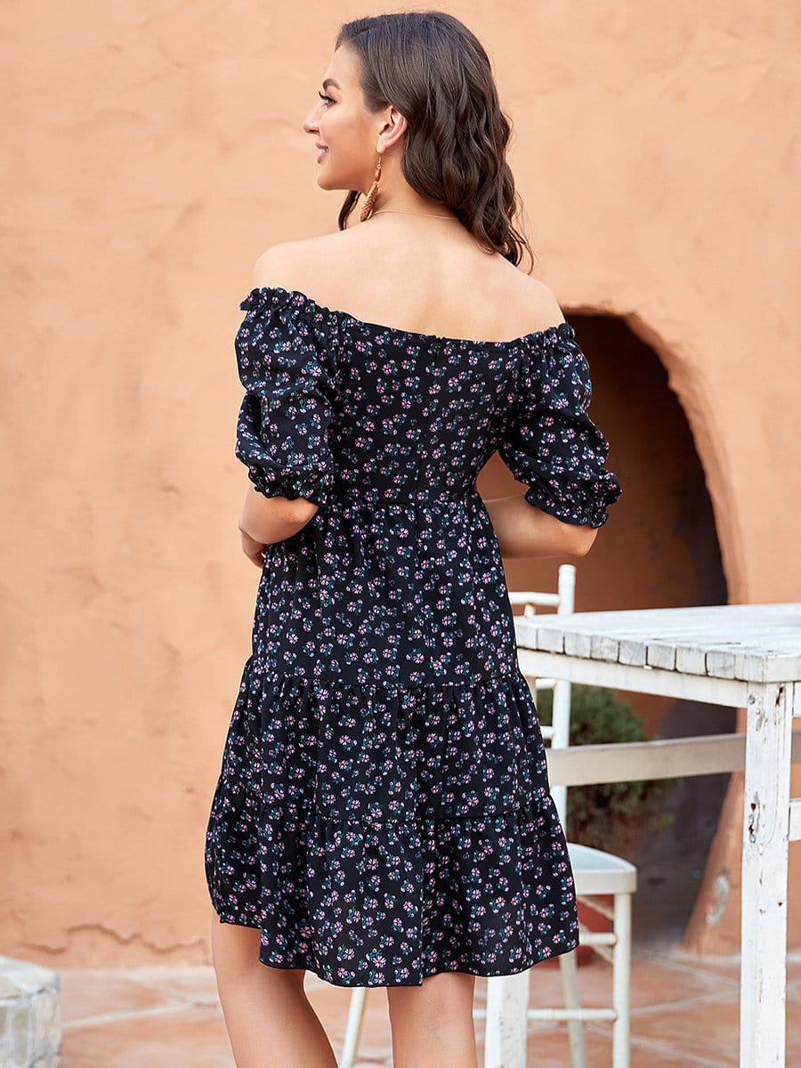Color=Black | Square Neckline Off Shoulder Mid-Rib Tiered Short Summer Dress-Black 2 Color=Black | Square Neckline Off Shoulder Mid-Rib Tiered Short Summer Dress-Black 2