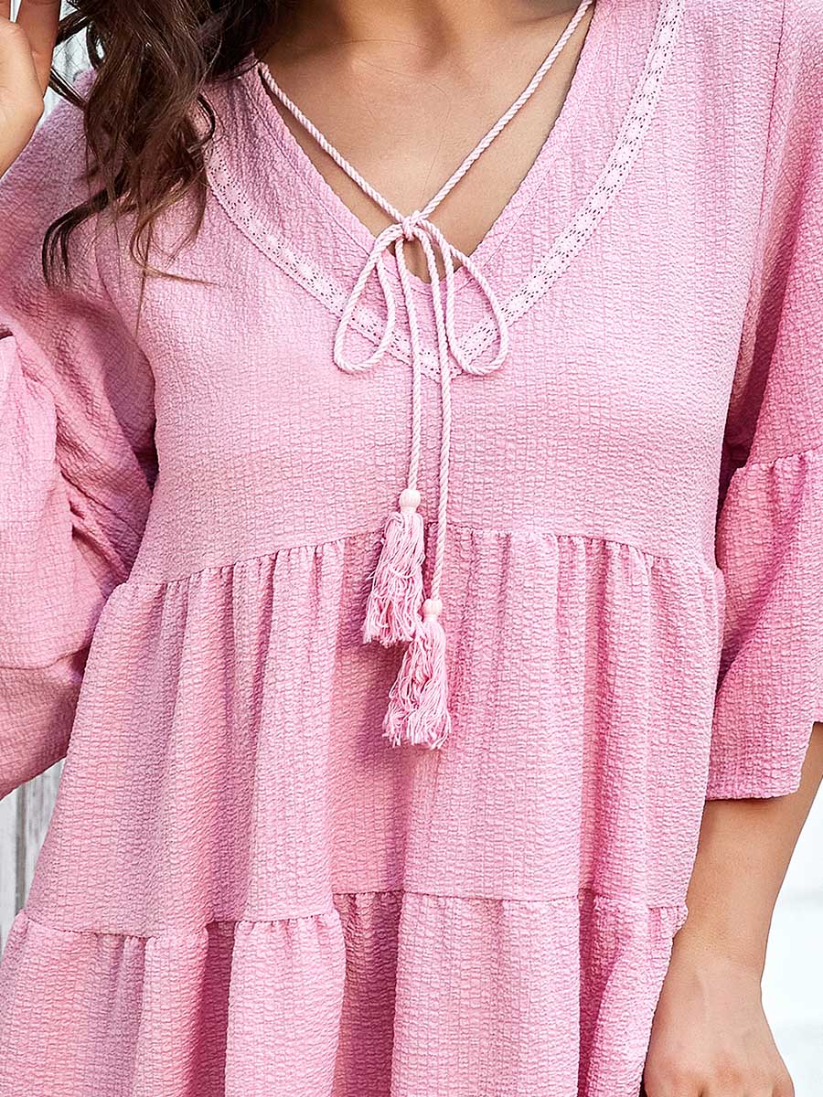 Color=Pink | Loose V Neck Bell Sleeves Mid-Rib Tiered Short Summer Dress-Pink 3 Color=Pink | Loose V Neck Bell Sleeves Mid-Rib Tiered Short Summer Dress-Pink 3