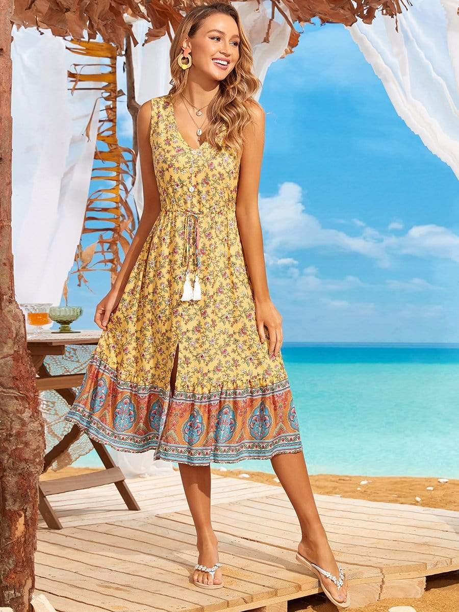 Color=Yellow | V Neck Sleeveless Tie-Up Waist Belt Floral Beach Dresses-Yellow 2 Color=Yellow | V Neck Sleeveless Tie-Up Waist Belt Floral Beach Dresses-Yellow 2