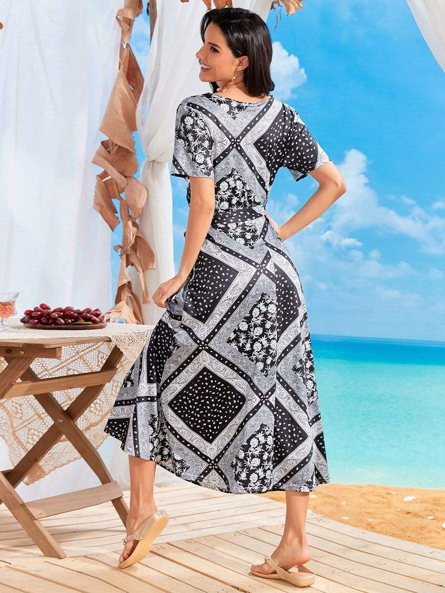 Color=Black | V Neck T-Shirt Ribbon Waist Printed Casual Dress-Black 2 Color=Black | V Neck T-Shirt Ribbon Waist Printed Casual Dress-Black 2