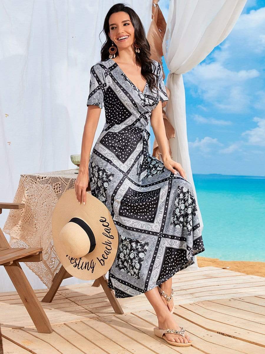 Color=Black | V Neck T-Shirt Ribbon Waist Printed Casual Dress-Black 3 Color=Black | V Neck T-Shirt Ribbon Waist Printed Casual Dress-Black 3