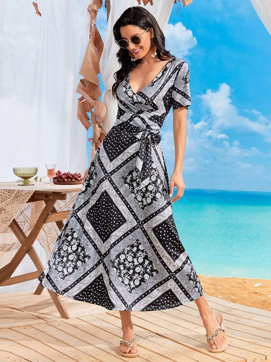 Color=Black | V Neck T-Shirt Ribbon Waist Printed Casual Dress-Black 4 Color=Black | V Neck T-Shirt Ribbon Waist Printed Casual Dress-Black 4