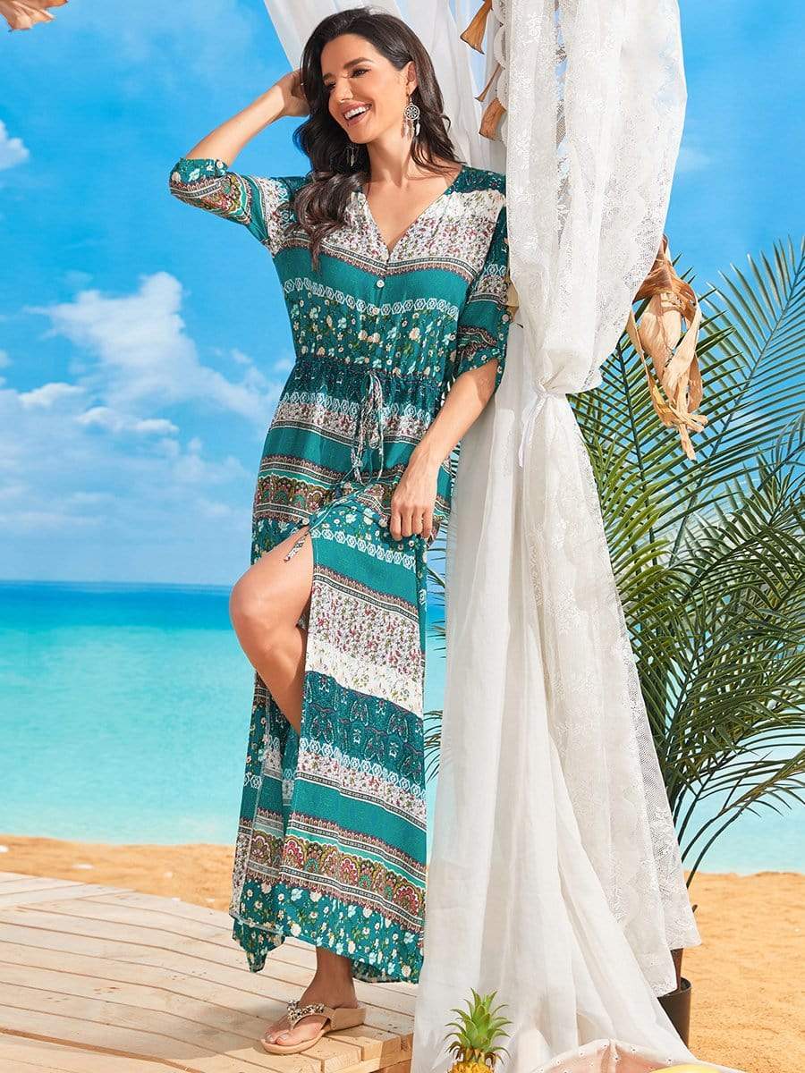 Color=Green | V Neck Mid Sleeve Buttons Floral Printed Beach Dress-Green 3 Color=Green | V Neck Mid Sleeve Buttons Floral Printed Beach Dress-Green 3