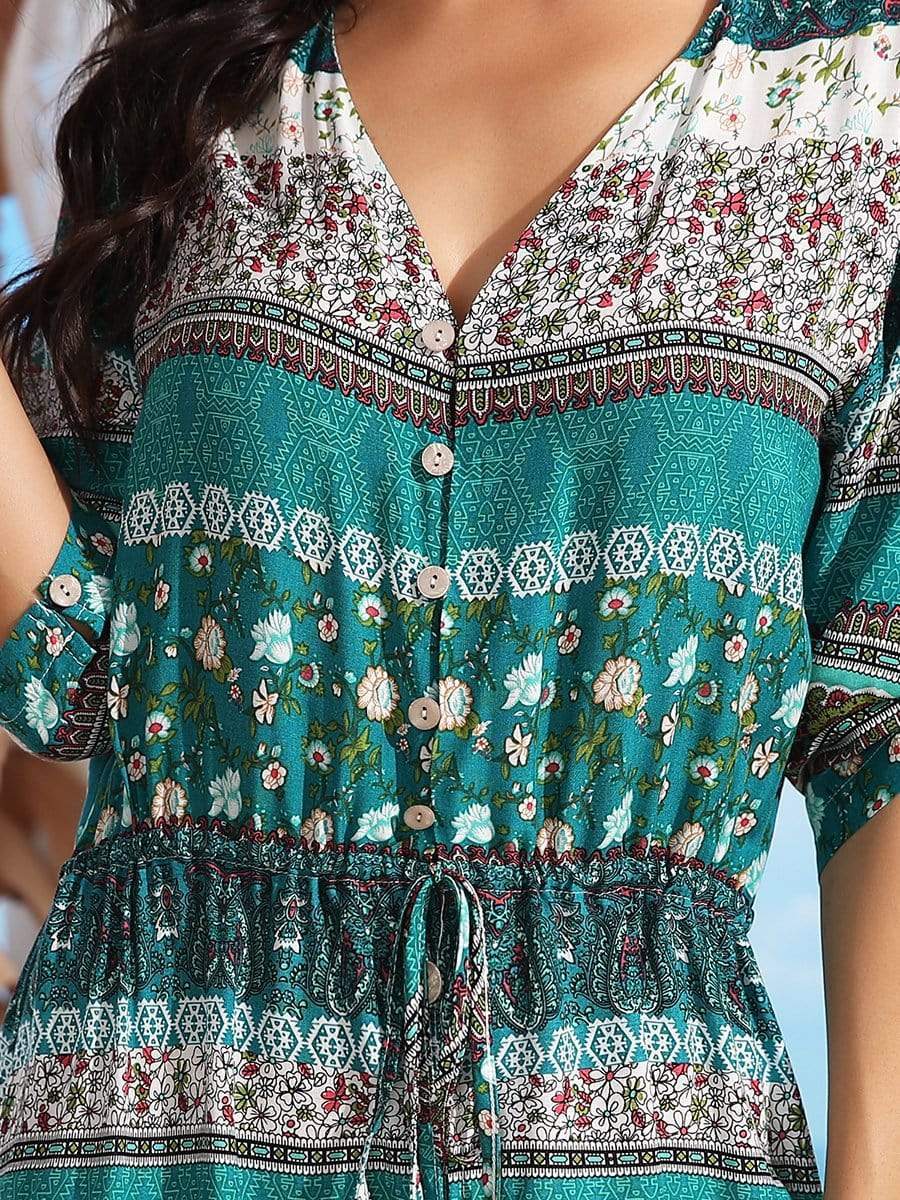Color=Green | V Neck Mid Sleeve Buttons Floral Printed Beach Dress-Green 5 Color=Green | V Neck Mid Sleeve Buttons Floral Printed Beach Dress-Green 5