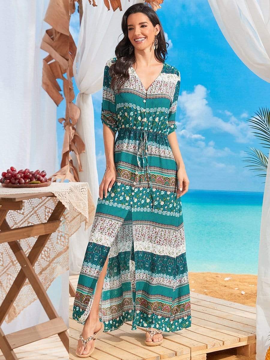 Color=Green | V Neck Mid Sleeve Buttons Floral Printed Beach Dress-Green 1 Color=Green | V Neck Mid Sleeve Buttons Floral Printed Beach Dress-Green 1