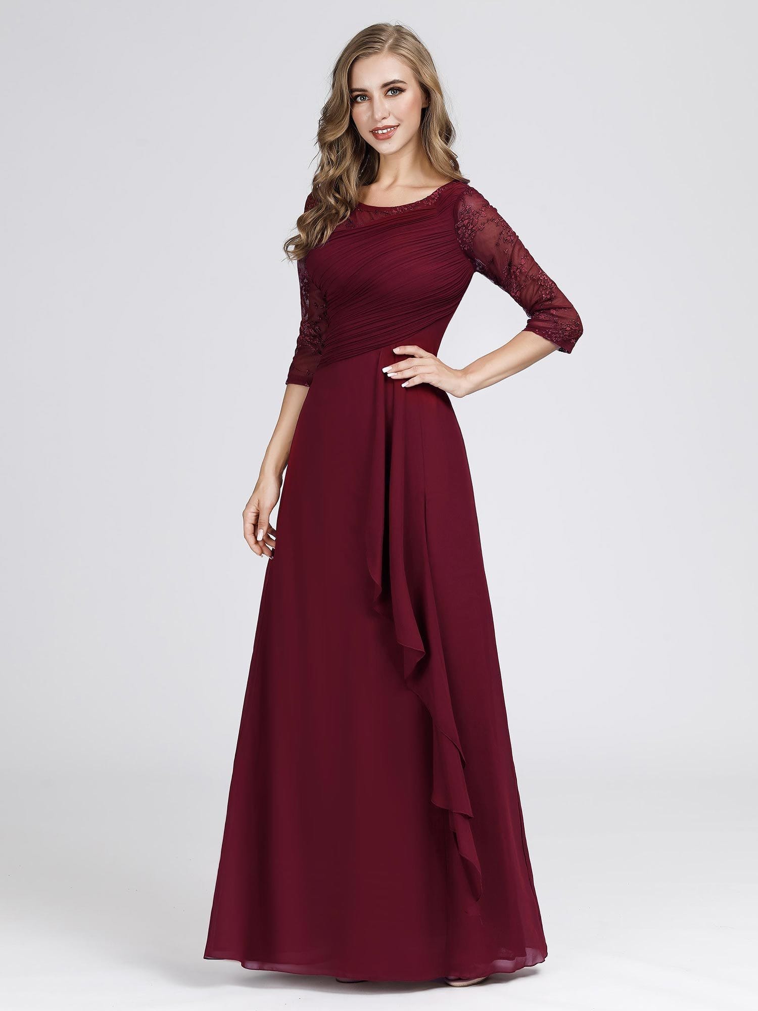 Color=Burgundy | Women'S 3/4 Sleeve Front Wrap Dress Floor-Length Bridesmaid Dress-Burgundy 7 Color=Burgundy | Women'S 3/4 Sleeve Front Wrap Dress Floor-Length Bridesmaid Dress-Burgundy 7