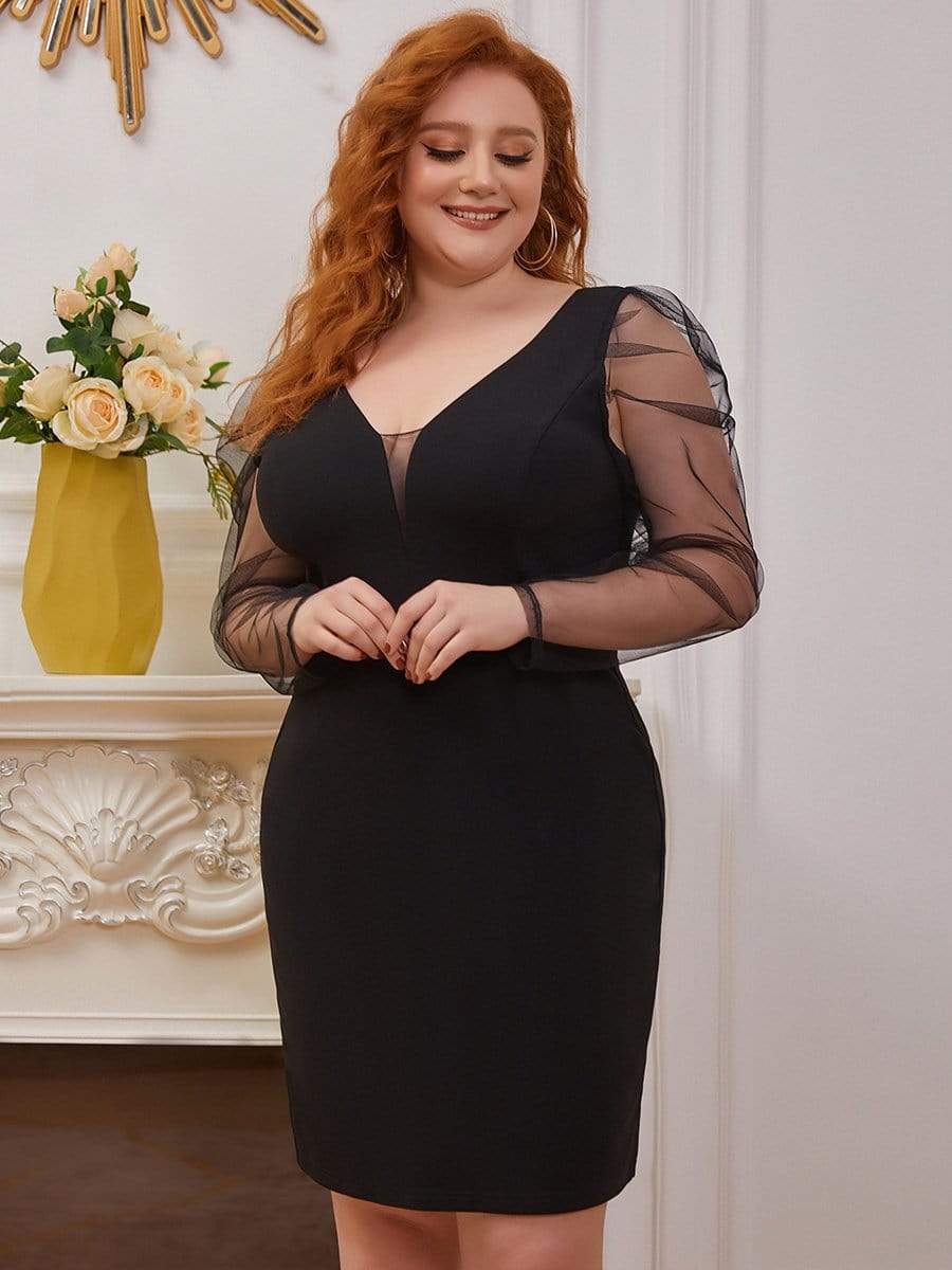 Color=Black | Elegant See-Through Puff Sleeves Cocktail Dress -Black 4 Color=Black | Elegant See-Through Puff Sleeves Cocktail Dress -Black 4