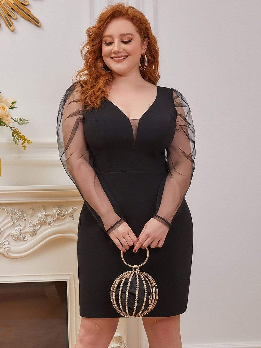 Color=Black | Elegant See-Through Puff Sleeves Cocktail Dress -Black 1 Color=Black | Elegant See-Through Puff Sleeves Cocktail Dress -Black 1