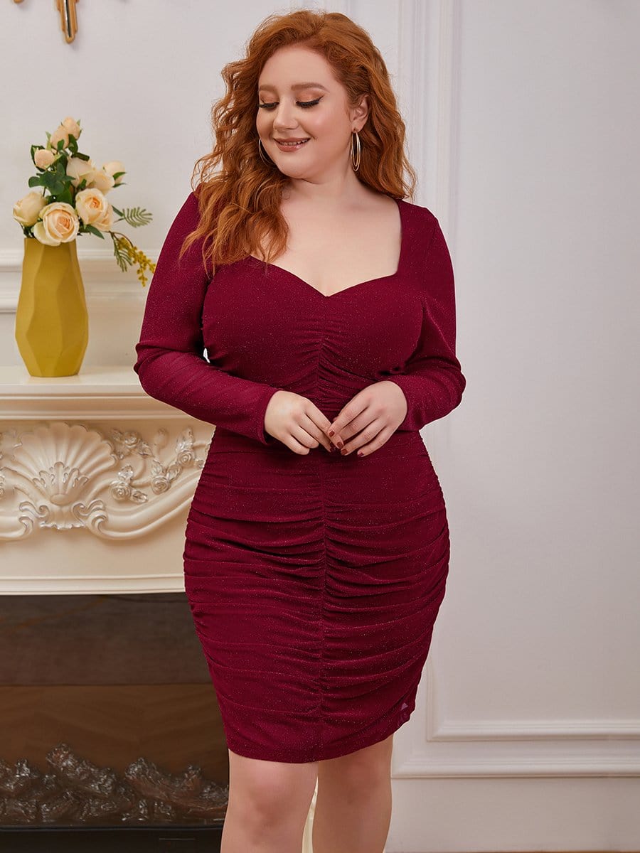 Color=Burgundy | Simple Pleated Long Sleeves Plus Size Cocktail Dress-Burgundy 2 Color=Burgundy | Simple Pleated Long Sleeves Plus Size Cocktail Dress-Burgundy 2