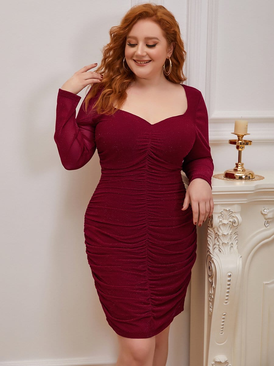 Color=Burgundy | Simple Pleated Long Sleeves Plus Size Cocktail Dress-Burgundy 1 Color=Burgundy | Simple Pleated Long Sleeves Plus Size Cocktail Dress-Burgundy 1