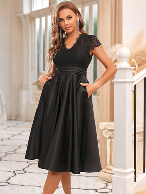 Color=Black | V Neck A-Line Embroidered Floral Short Sleeves Midi Formal Dress-Black 5