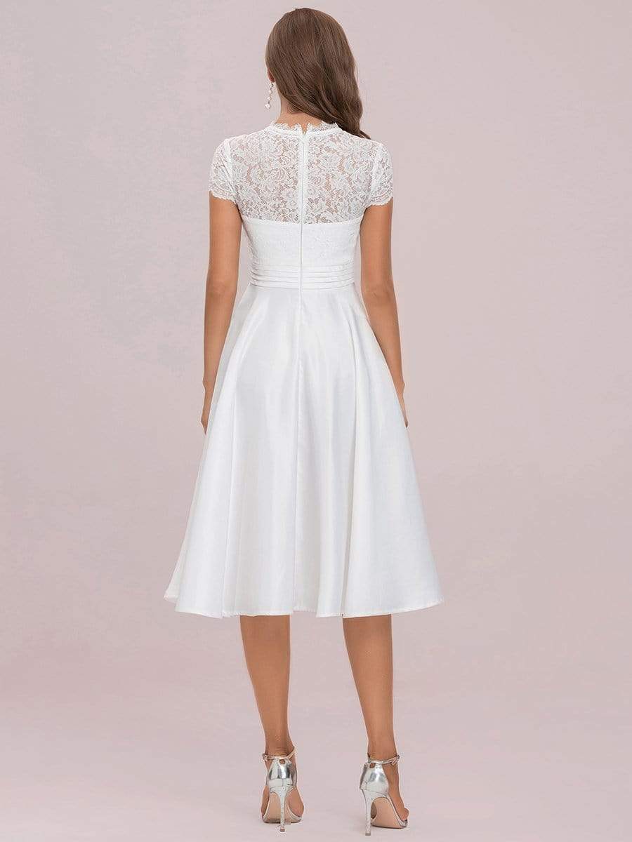 Color=White | V Neck A-Line Embroidered Floral Short Sleeves Midi Formal Dress-White 7 Color=White | V Neck A-Line Embroidered Floral Short Sleeves Midi Formal Dress-White 7
