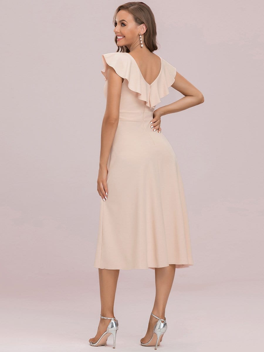Color=Blush | A-Line Sleeveless Double V Lotus Leaf Collar Midi Cocktail Dress-Blush 7 Color=Blush | A-Line Sleeveless Double V Lotus Leaf Collar Midi Cocktail Dress-Blush 7