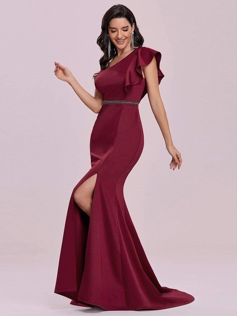 Color=Burgundy | Floor Length One-Shoulder Ruffle Sleeve Evening Gown-Burgundy 6 Color=Burgundy | Floor Length One-Shoulder Ruffle Sleeve Evening Gown-Burgundy 6
