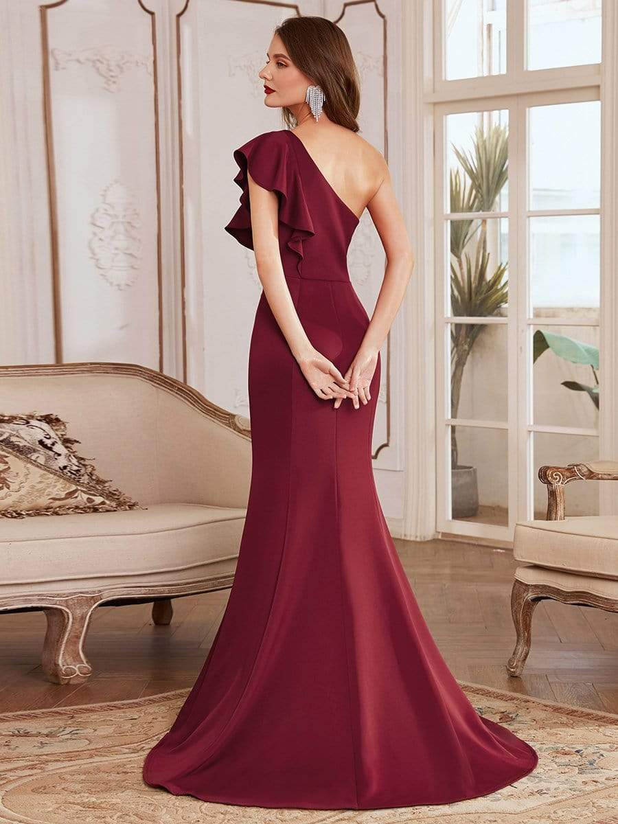 Color=Burgundy | Floor Length One-Shoulder Ruffle Sleeve Evening Gown-Burgundy 2 Color=Burgundy | Floor Length One-Shoulder Ruffle Sleeve Evening Gown-Burgundy 2