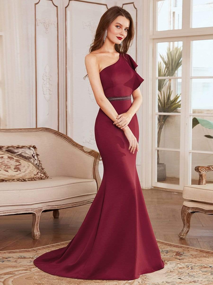 Color=Burgundy | Floor Length One-Shoulder Ruffle Sleeve Evening Gown-Burgundy 1 Color=Burgundy | Floor Length One-Shoulder Ruffle Sleeve Evening Gown-Burgundy 1