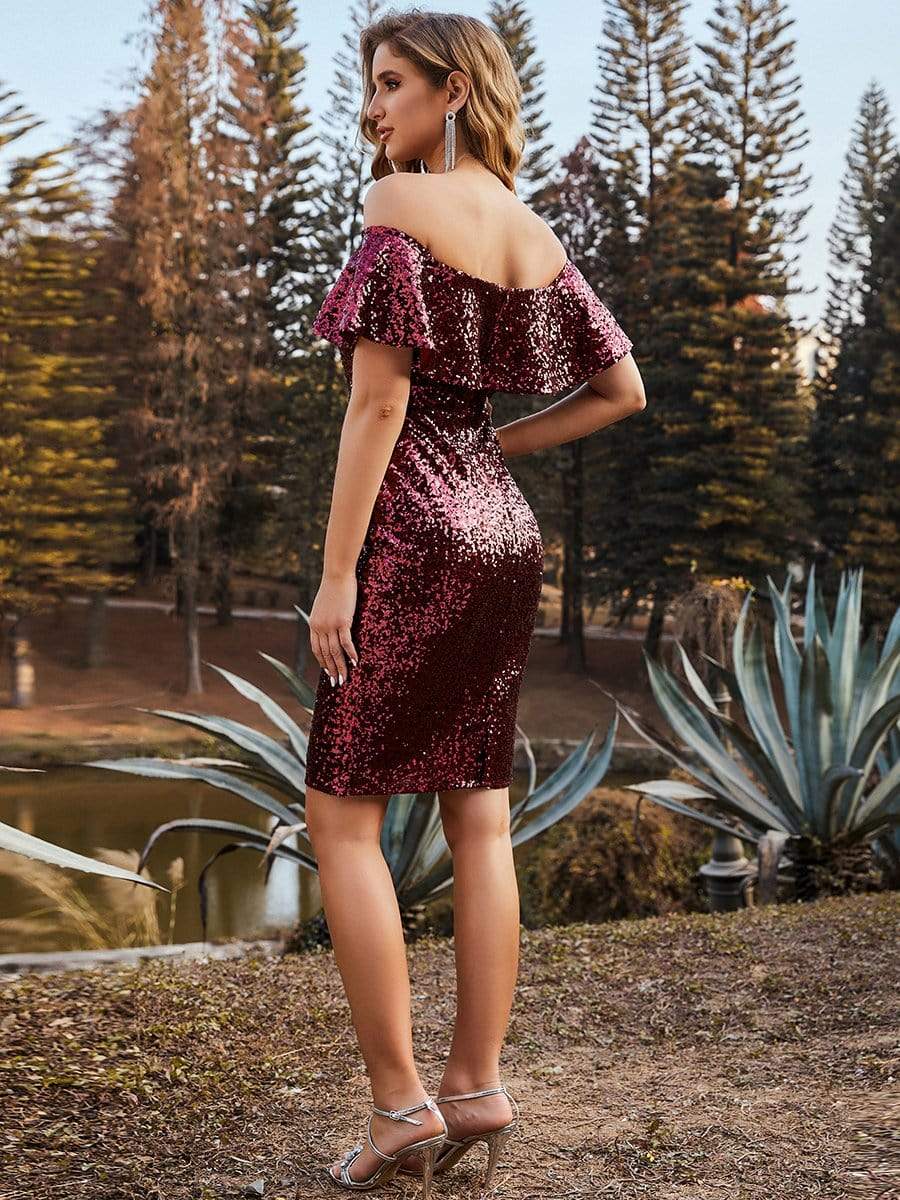 Color=Burgundy | Shinning Bodycon Off-Shoulder Above Knee Evening Dress-Burgundy 2 Color=Burgundy | Shinning Bodycon Off-Shoulder Above Knee Evening Dress-Burgundy 2