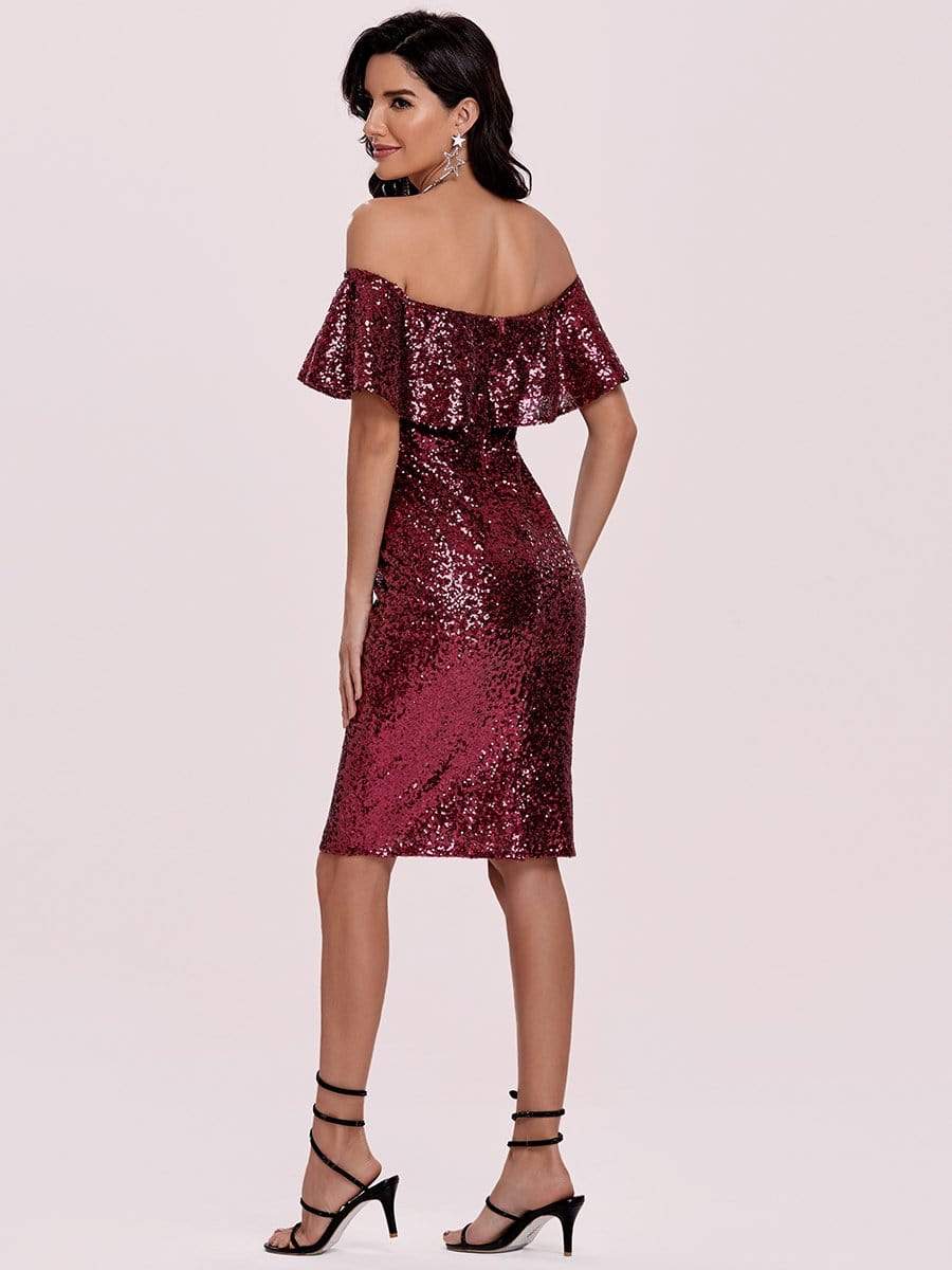 Color=Burgundy | Shinning Bodycon Off-Shoulder Above Knee Evening Dress-Burgundy 7 Color=Burgundy | Shinning Bodycon Off-Shoulder Above Knee Evening Dress-Burgundy 7