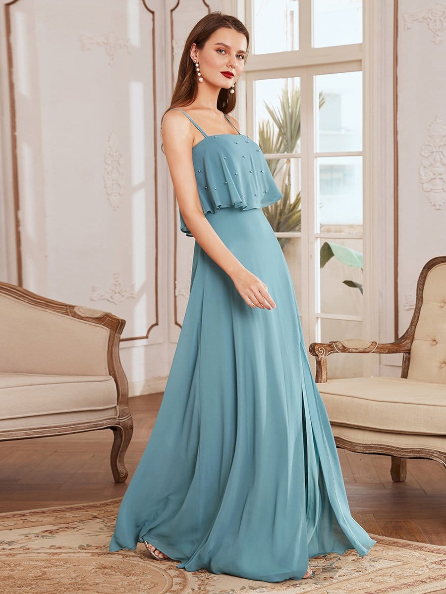 Spaghetti Strap A line Floor Length Bridesmaid Dress with Beaded Top