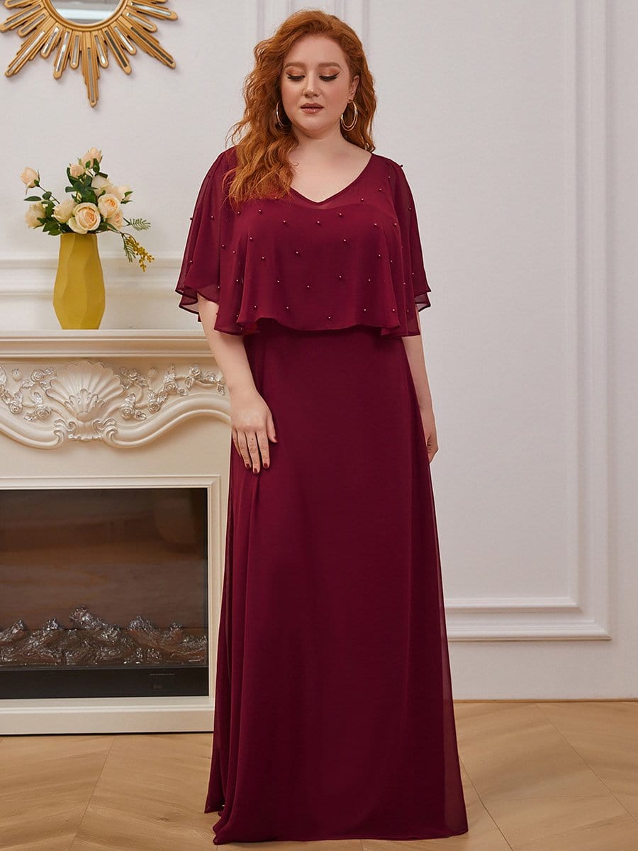 Color=Burgundy | Plus Size Charming Plus Size Flowy Sleeve V-Neck A-Line Floor Length Evening Dress-Burgundy 1 Color=Burgundy | Plus Size Charming Plus Size Flowy Sleeve V-Neck A-Line Floor Length Evening Dress-Burgundy 1