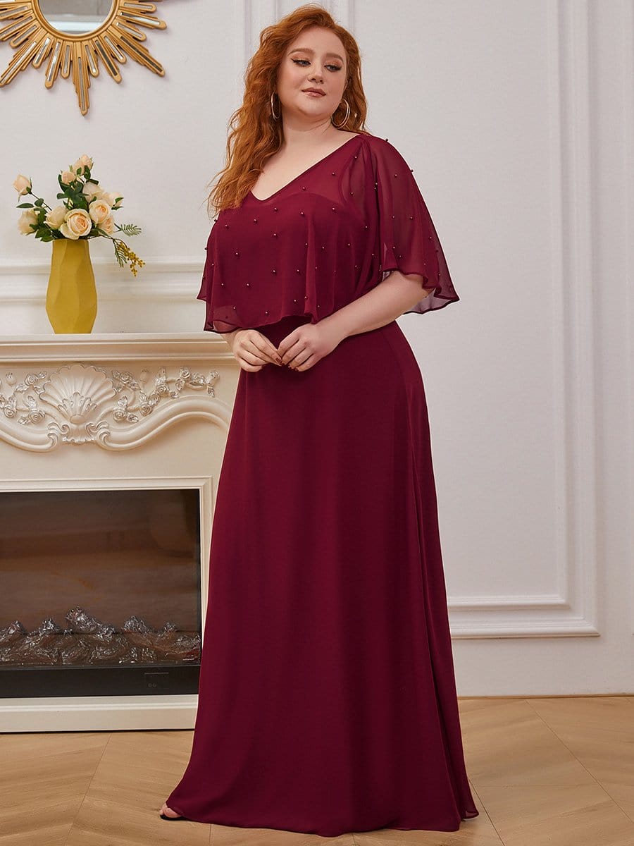 Color=Burgundy | Plus Size Charming Plus Size Flowy Sleeve V-Neck A-Line Floor Length Evening Dress-Burgundy 3