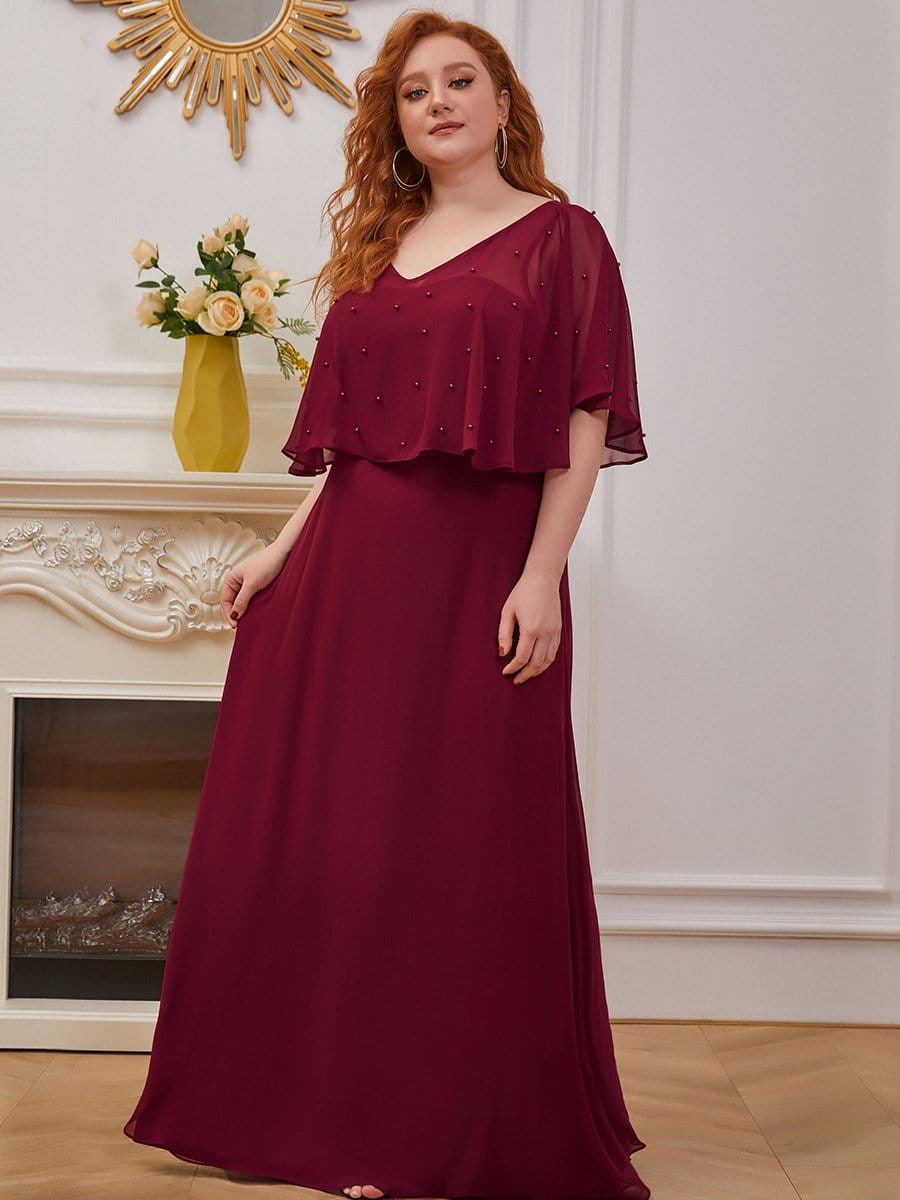 Color=Burgundy | Plus Size Charming Plus Size Flowy Sleeve V-Neck A-Line Floor Length Evening Dress-Burgundy 4 Color=Burgundy | Plus Size Charming Plus Size Flowy Sleeve V-Neck A-Line Floor Length Evening Dress-Burgundy 4