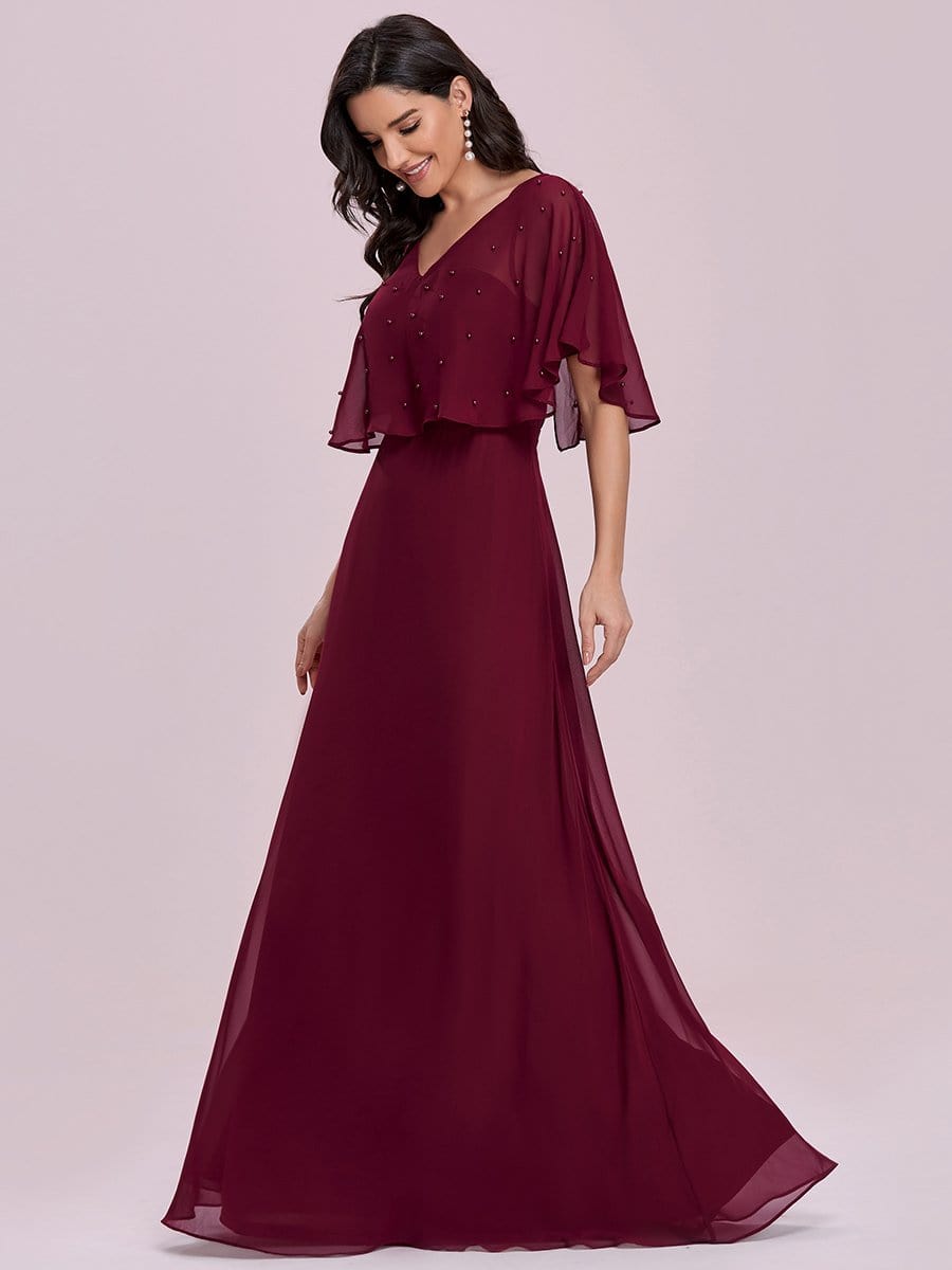 Color=Burgundy | Elegant Flutter Sleeve V-Neck A-Line Floor Length Evening Dress-Burgundy 3