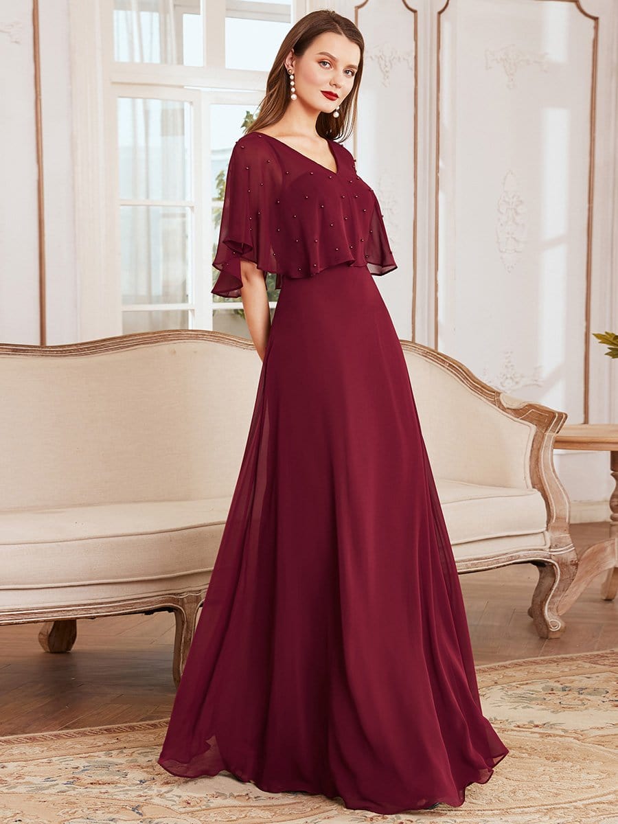 Color=Burgundy | Elegant Flutter Sleeve V-Neck A-Line Floor Length Evening Dress-Burgundy 1