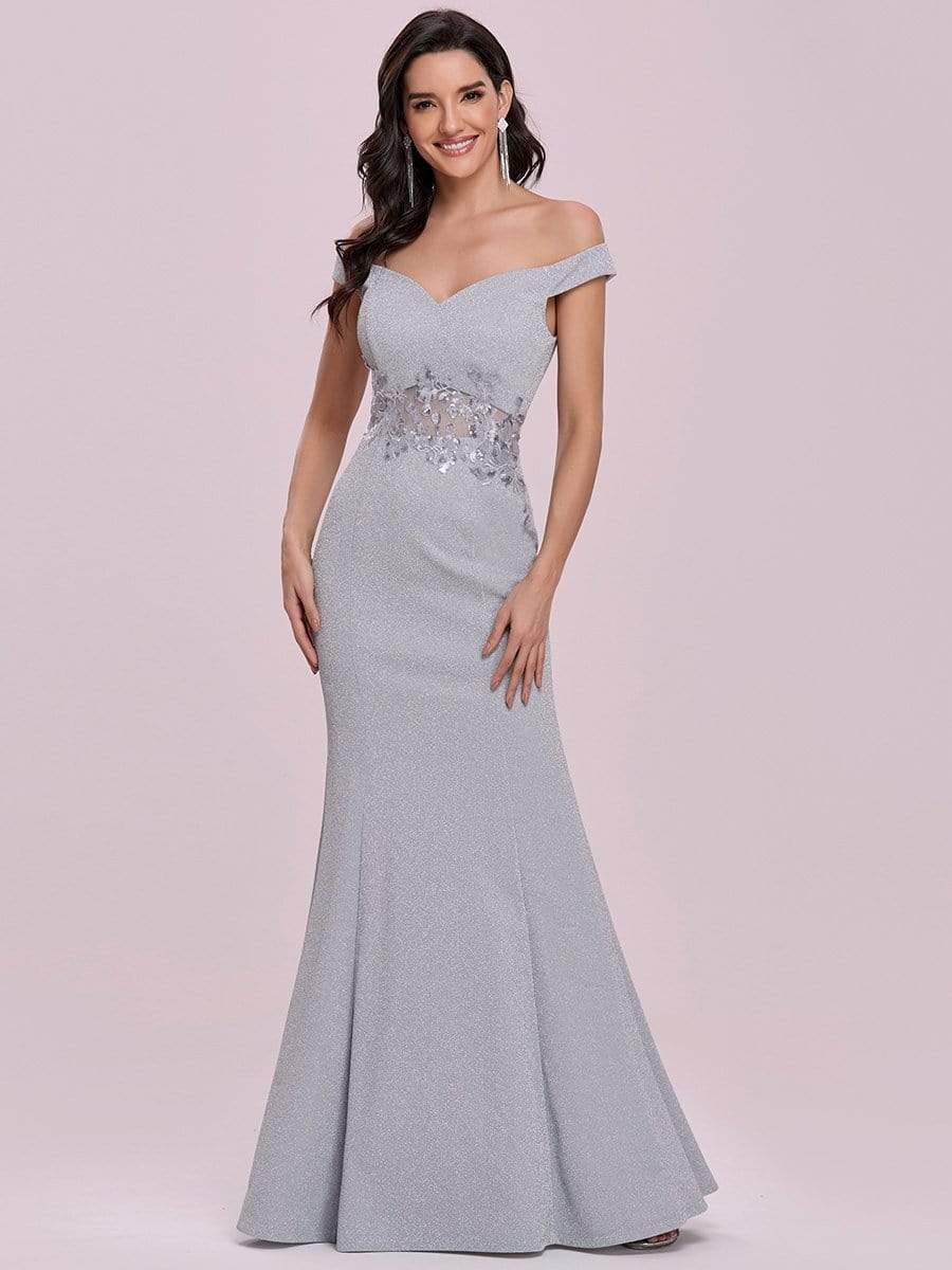 Color=Grey | Floor Length Fishtail Evening Dress With Off-Shoulder Straps-Grey 4 Color=Grey | Floor Length Fishtail Evening Dress With Off-Shoulder Straps-Grey 4