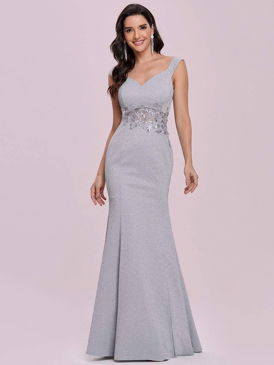 Color=Grey | Floor Length Fishtail Evening Dress With Off-Shoulder Straps-Grey 6 Color=Grey | Floor Length Fishtail Evening Dress With Off-Shoulder Straps-Grey 6