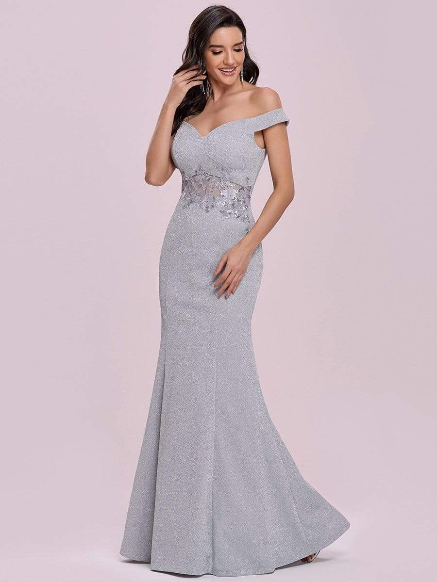 Color=Grey | Floor Length Fishtail Evening Dress With Off-Shoulder Straps-Grey 7 Color=Grey | Floor Length Fishtail Evening Dress With Off-Shoulder Straps-Grey 7