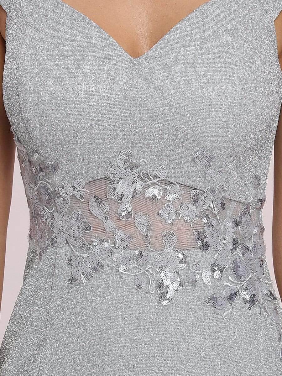 Color=Grey | Floor Length Fishtail Evening Dress With Off-Shoulder Straps-Grey 8 Color=Grey | Floor Length Fishtail Evening Dress With Off-Shoulder Straps-Grey 8