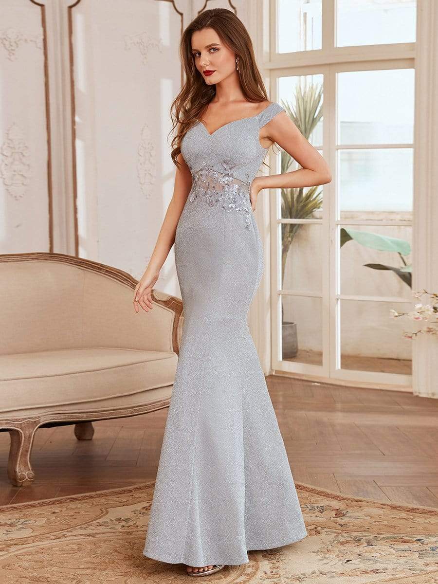 Color=Grey | Floor Length Fishtail Evening Dress With Off-Shoulder Straps-Grey 3 Color=Grey | Floor Length Fishtail Evening Dress With Off-Shoulder Straps-Grey 3