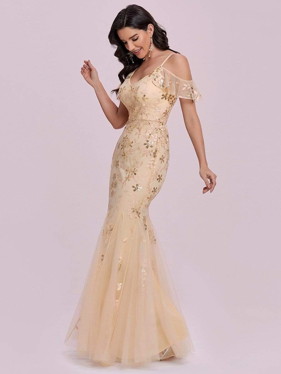 Color=Gold | Embroidered Deep V-Neck Cold-Shoulder Sequin Evening Dress-Gold 7 Color=Gold | Embroidered Deep V-Neck Cold-Shoulder Sequin Evening Dress-Gold 7