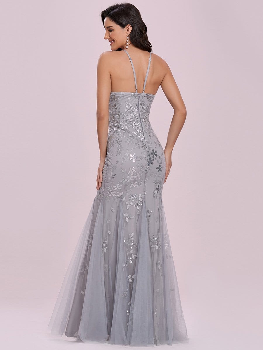 Color=Grey | Embroidered Sequin Bodycon Evening Dress With Halter Neckline-Grey 6 Color=Grey | Embroidered Sequin Bodycon Evening Dress With Halter Neckline-Grey 6