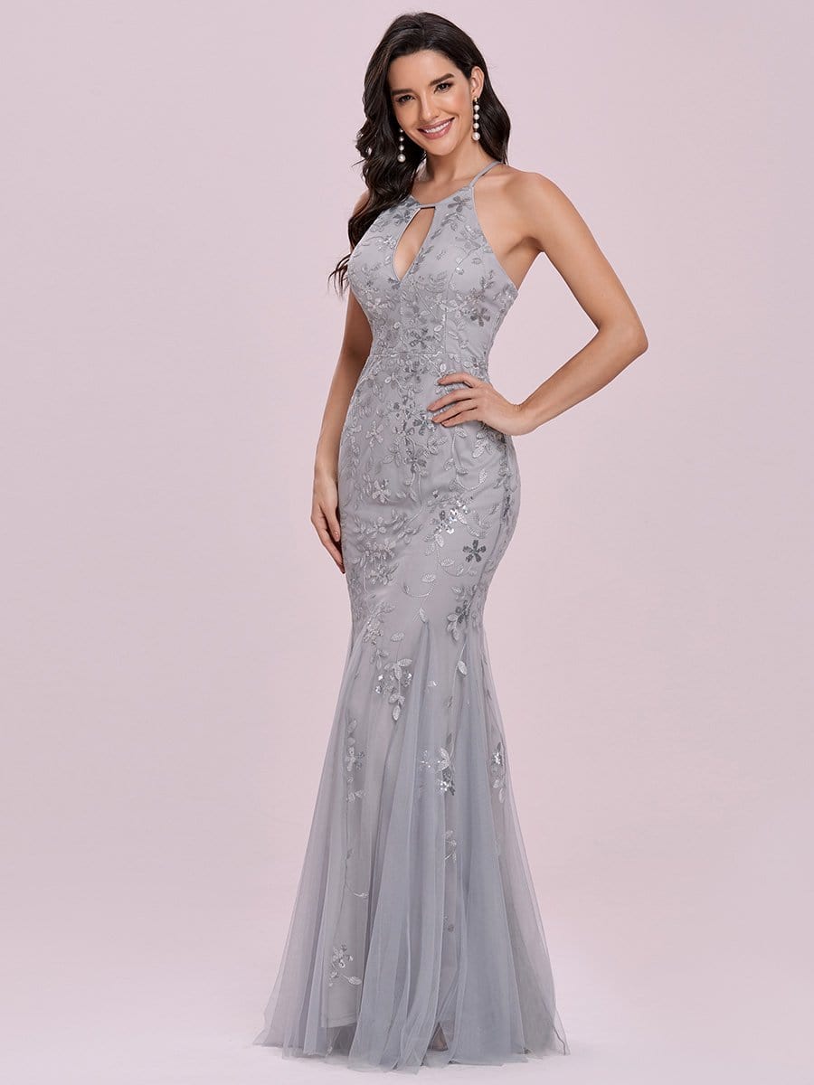 Color=Grey | Embroidered Sequin Bodycon Evening Dress With Halter Neckline-Grey 7 Color=Grey | Embroidered Sequin Bodycon Evening Dress With Halter Neckline-Grey 7