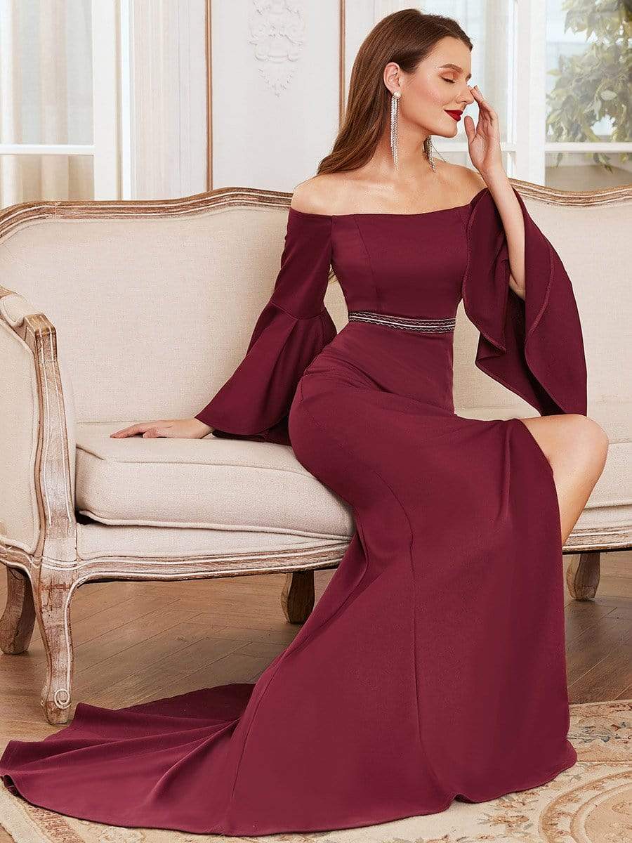 Color=Burgundy | Off-Shoulder Fishtail Evening Dress With Long Flared Sleeves-Burgundy 3 Color=Burgundy | Off-Shoulder Fishtail Evening Dress With Long Flared Sleeves-Burgundy 3