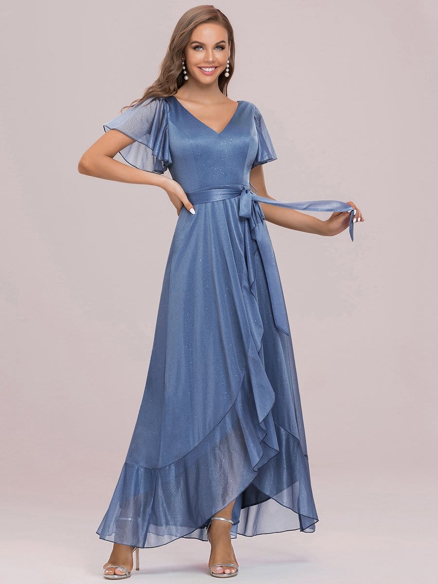 Color=Sky Blue | Elegant V Neck Tulip Sleeves Asymmetrical Layered Long Dress-Sky Blue 5 Color=Sky Blue | Elegant V Neck Tulip Sleeves Asymmetrical Layered Long Dress-Sky Blue 5